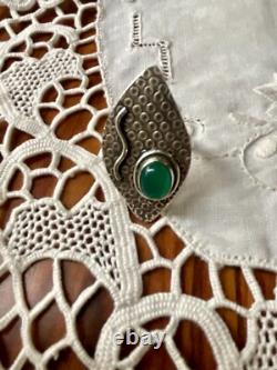 Vintage Brutalist Solid Silver Ring with Genuine Chrysoprase Cabochon