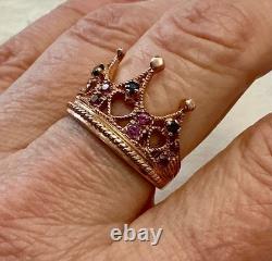 Vintage Crown Ring with Beautiful Tourmaline, Sapphire, Solid Silver / Rose Gold Vermeil