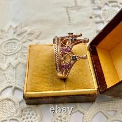 Vintage Crown Ring with Beautiful Tourmaline, Sapphire, Solid Silver / Rose Gold Vermeil