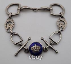 Vintage Equestrian Bracelet SOLID SILVER Blue Enamel Crown Bit Stirrup Horse A9