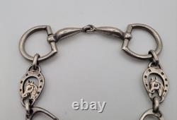 Vintage Equestrian Bracelet SOLID SILVER Blue Enamel Crown Bit Stirrup Horse A9