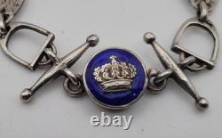 Vintage Equestrian Bracelet SOLID SILVER Blue Enamel Crown Bit Stirrup Horse A9