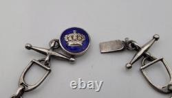 Vintage Equestrian Bracelet SOLID SILVER Blue Enamel Crown Bit Stirrup Horse A9