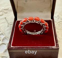 Vintage Eternity Ring Solid Silver or White Vermeil with Genuine Corals