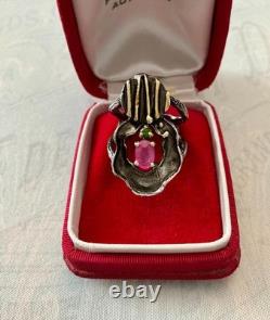 Vintage Modernist Ring Ruby Sapphire Solid Silver Gold Finish