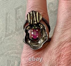 Vintage Modernist Ring Ruby Sapphire Solid Silver Gold Finish