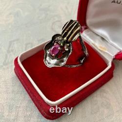 Vintage Modernist Ring Ruby Sapphire Solid Silver Gold Finish