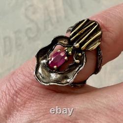 Vintage Modernist Ring Ruby Sapphire Solid Silver Gold Finish