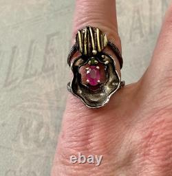 Vintage Modernist Ring Ruby Sapphire Solid Silver Gold Finish