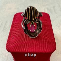Vintage Modernist Ring Ruby Sapphire Solid Silver Gold Finish