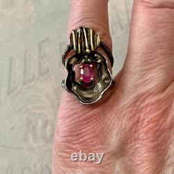 Vintage Modernist Ring Ruby Sapphire Solid Silver Gold Finish