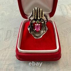 Vintage Modernist Ring Ruby Sapphire Solid Silver Gold Finish