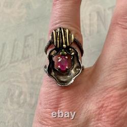Vintage Modernist Ring Ruby Sapphire Solid Silver Gold Finish