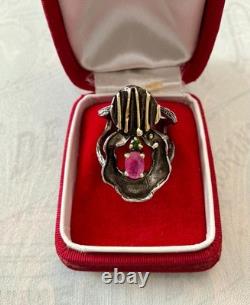 Vintage Modernist Ring Ruby Sapphire Solid Silver Gold Finish