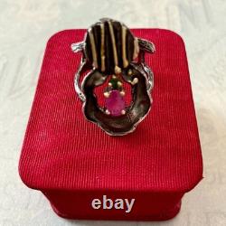 Vintage Modernist Ring Ruby Sapphire Solid Silver Gold Finish