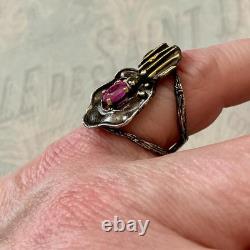 Vintage Modernist Ring Ruby Sapphire Solid Silver Gold Finish