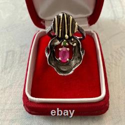 Vintage Modernist Ring Ruby Sapphire Solid Silver Gold Finish