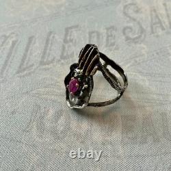Vintage Modernist Ring Ruby Sapphire Solid Silver Gold Finish