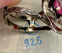 Vintage Modernist Ring Ruby Sapphire Solid Silver Gold Finish