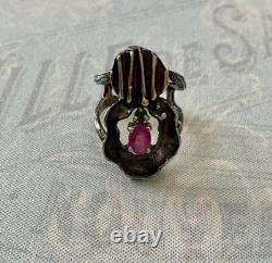 Vintage Modernist Ring Ruby Sapphire Solid Silver Gold Finish
