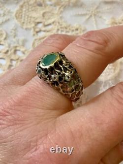 Vintage Modernist Solid Silver Ring with Gold, Emerald & Aquamarines