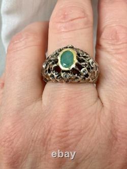 Vintage Modernist Solid Silver Ring with Gold, Emerald & Aquamarines