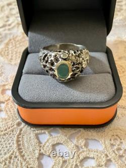 Vintage Modernist Solid Silver Ring with Gold, Emerald & Aquamarines