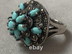 Vintage Navajo silver ring with turquoise and marcasites, Indian solid silver ring size 54