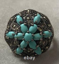Vintage Navajo silver ring with turquoise and marcasites, Indian solid silver ring size 54