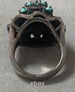 Vintage Navajo silver ring with turquoise and marcasites, Indian solid silver ring size 54