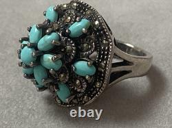 Vintage Navajo silver ring with turquoise and marcasites, Indian solid silver ring size 54