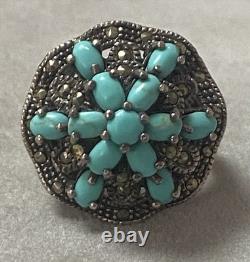 Vintage Navajo silver ring with turquoise and marcasites, Indian solid silver ring size 54