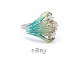 Vintage Old Solid Silver Ring Email And Opal Style Art Nouveau T57