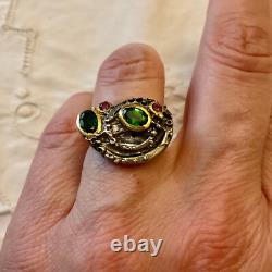 Vintage Peridot Garnet Silver Ring Modernist Design Size 53