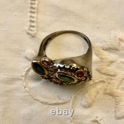 Vintage Peridot Garnet Silver Ring Modernist Design Size 53