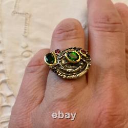 Vintage Peridot Garnet Silver Ring Modernist Design Size 53