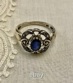 Vintage Ring Beautiful Sapphire, White Topaz, and Solid Silver