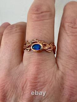Vintage Rose Gold Solid Silver Ring Genuine Blue Sapphire Ornate Setting