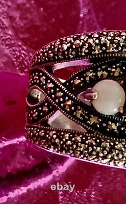Vintage Solid Silver Art Deco Ring with Opals & Marcasites Size 56 (1.8 mm)