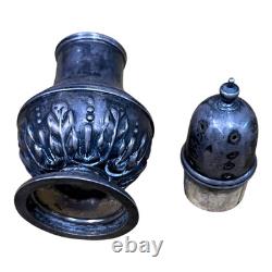 Vintage antique engraved solid silver salt and pepper shakers