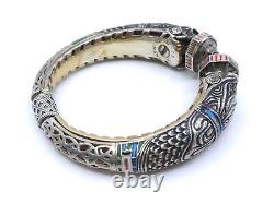 Vintage antique solid silver enamel chimera head signed bangle bracelet
