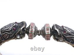 Vintage antique solid silver enamel chimera head signed bangle bracelet
