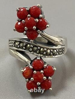 Vintage silver coral toi et moi ring, solid silver marcasite ring, size 57