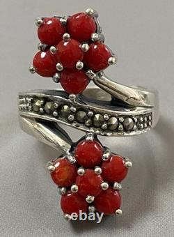 Vintage silver coral toi et moi ring, solid silver marcasite ring, size 57