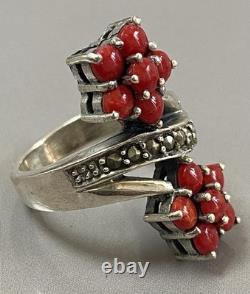 Vintage silver coral toi et moi ring, solid silver marcasite ring, size 57