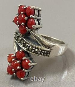 Vintage silver coral toi et moi ring, solid silver marcasite ring, size 57