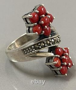 Vintage silver coral toi et moi ring, solid silver marcasite ring, size 57