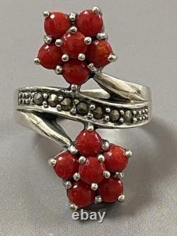 Vintage silver coral toi et moi ring, solid silver marcasite ring, size 57
