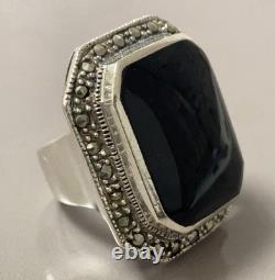 20gs Ancienne bague argent onyx marcassites chevalière bague argent massif T53
