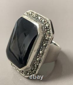 20gs Ancienne bague argent onyx marcassites chevalière bague argent massif T53